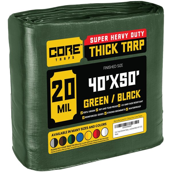 Core Tarps 40 ft x 50 ft Extreme Heavy Duty 20 Mil Tarp, Green/Black, Waterproof, UV Resistant, Rip and Tear Proof CT-703-40X50